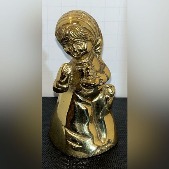 Vintage BRASS BELL Bedtime Sleepy Girl yawning pajamas teddy bear HEAVY 4" tall - Picture 2 of 12